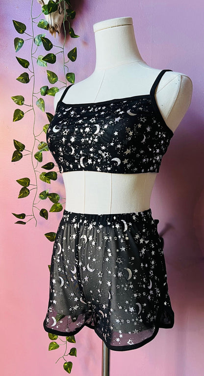 The Sinister Set - MOON & STAR - Sheer Metallic Moon & Star Bra & Shorts Set - READY TO SHIP!