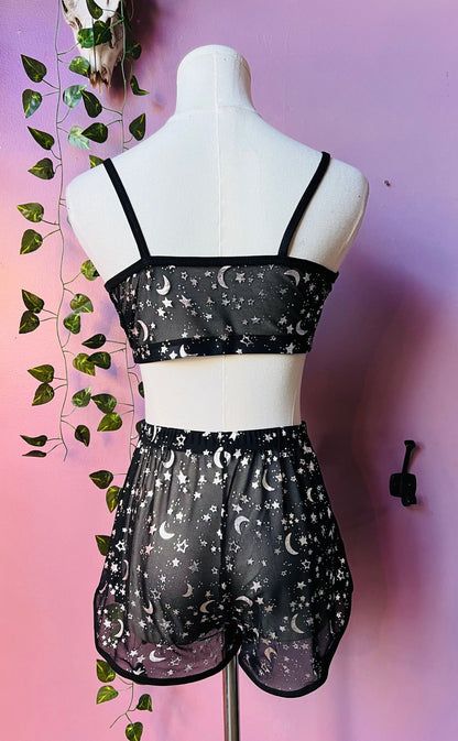 The Sinister Set - MOON & STAR - Sheer Metallic Moon & Star Bra & Shorts Set - READY TO SHIP!