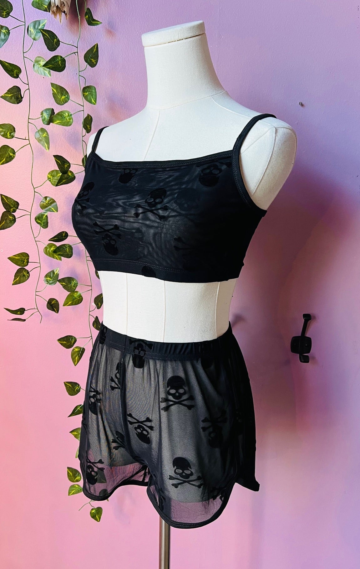 The Sinister Set - SKULLS - Sheer Velvet Flocked Skulls Bra & Shorts Set - READY TO SHIP