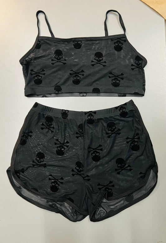 The Sinister Set - SKULLS - Sheer Velvet Flocked Skulls Bra & Shorts Set - READY TO SHIP