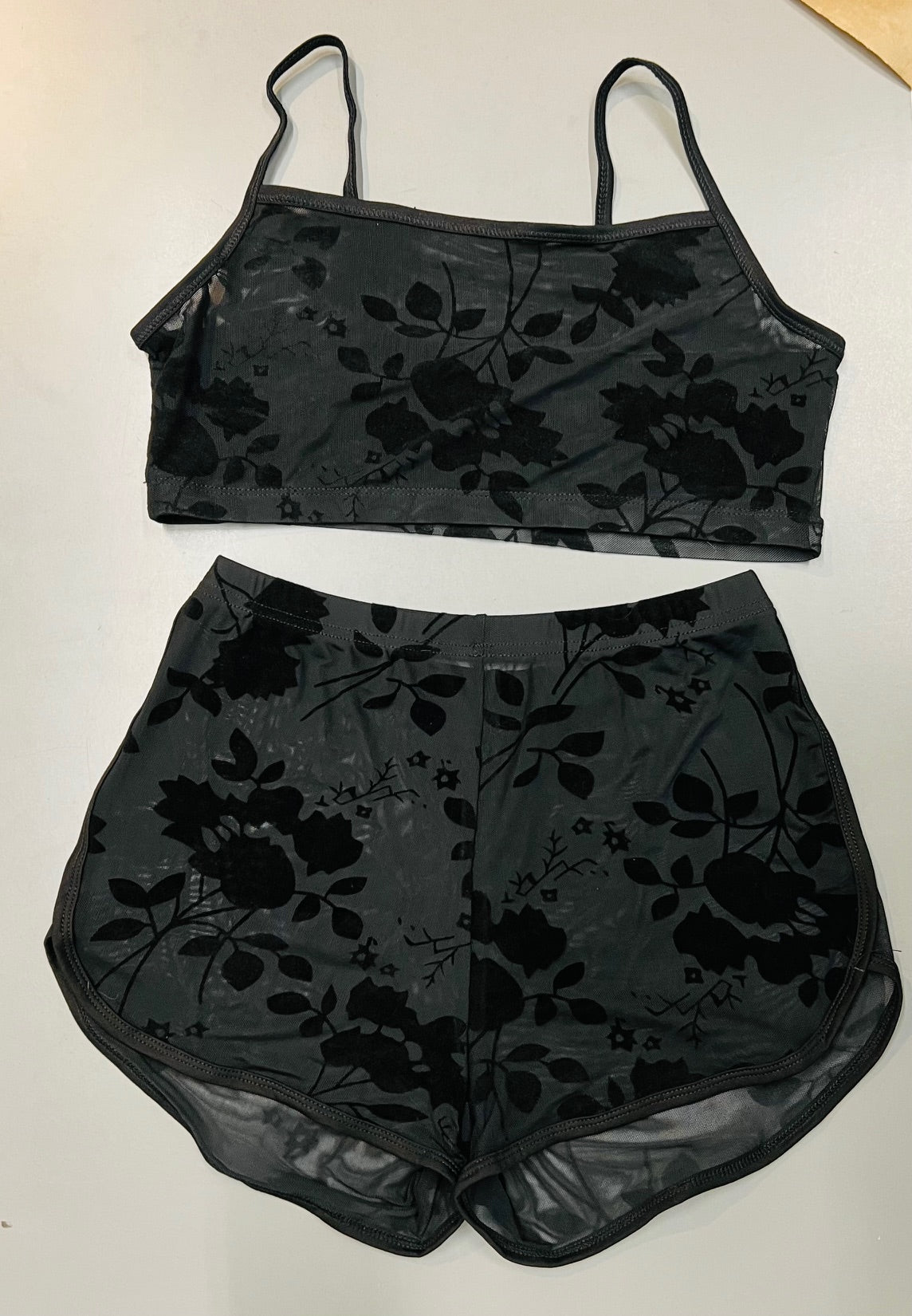 The Sinister Set - GOTHIC FLORAL - Sheer Velvet Flocked Floral Bra & Shorts Set - READY TO SHIP