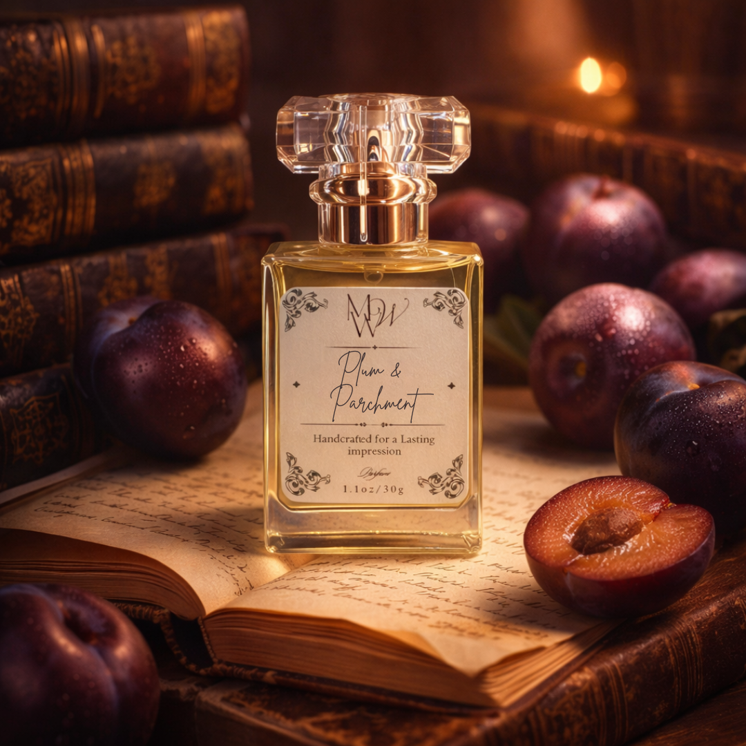 Plum and Parchment Perfume | Dark Plum Leather Bookish Inspired Fragrance